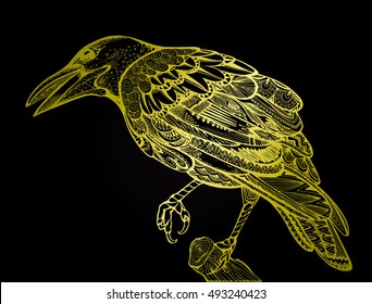 Stylized crows. Decorative bird. Line art. Rook. Black and white drawing by hand. Doodle. Zentangle. Tattoo. Graphic arts.