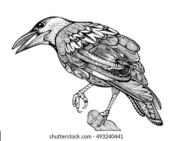 Stylized crows. Decorative bird. Line art. Rook. Black and white drawing by hand. Doodle. Zentangle. Tattoo. Graphic arts.