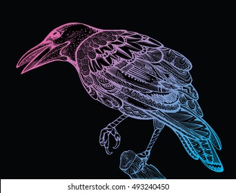 Stylized crows. Decorative bird. Line art. Rook. Black and white drawing by hand. Doodle. Zentangle. Tattoo. Graphic arts.