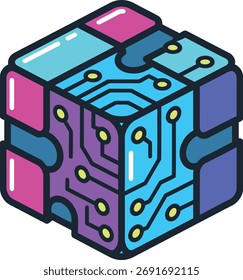 A stylized cube with a circuit board pattern and vibrant colors, representing technology, innovation, and digital concepts in a playful, modern style.
