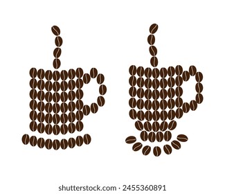 Stylized cup of coffee beans with saucer and steam Sticker Icon Logo Coffee Day design idea Set of 2