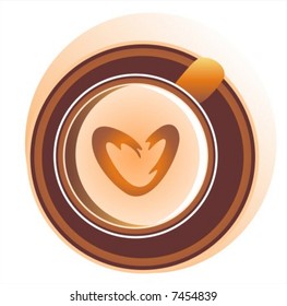 The stylized cup of coffee with milk and foam in the form of heart.