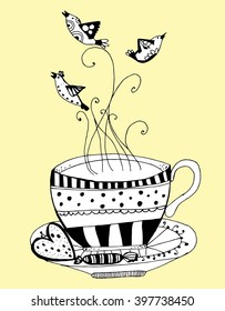 Stylized cup. A cup of hot tea. Coffee cup. Dishes. Line art. Black and white drawing by hand. Decorative. Bird sitting on the cup. Birds flying out of the cup.