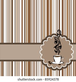 Stylized cup of steaming coffee in a circular frame on the horizontal band