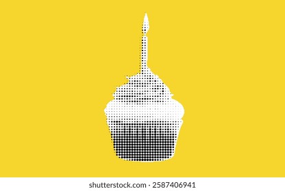 A stylized cupcake illustration with a single candle on top, set against a bright yellow background. The cupcake is depicted in a dotted pattern, giving it a modern and playful look.