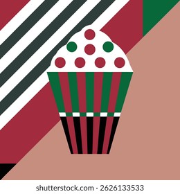 Stylized cupcake with red and green dots and stripes against geometric color block background