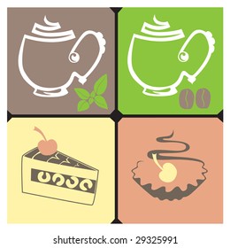 Stylized cups with tea, coffee and cake in varicolored square