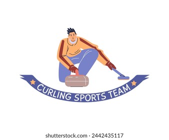 Curling player estilizado en acción. Ilustración vectorial con atleta, piedra y escoba para la marca y los diseños del equipo deportivo.