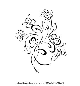 stylized curved twig with flowers, leaves and curls. graphic decor