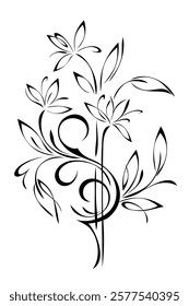 stylized curved twig with flowers, leaves and curls; graphic decor