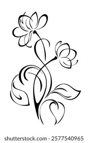 stylized curved twig with flowers, leaves and curls; graphic decor