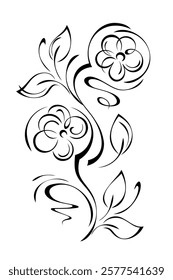 stylized curved twig with flowers, leaves and curls; graphic decor