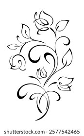 stylized curved twig with flowers, leaves and curls; graphic decor