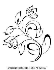 stylized curved twig with flowers, leaves and curls; graphic decor