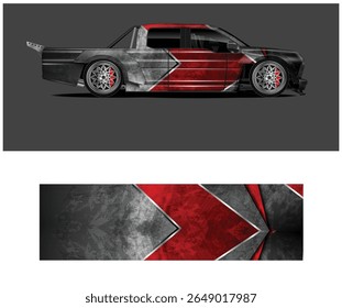 Se muestra un camión estilizado y personalizado con un diseño gráfico rojo y gris.