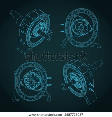 Stylized cutaway vector illustrations of a rotary engine drawings