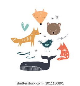 Stylized cute animals set and decor elements. Wildlife prints, toys, paper, game, art. Vector, clip art, clothes print.