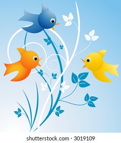 stylized and cute birds with leaves behind vector