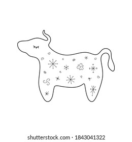 Stylized cute bull. Outline style. Vector illustration for décor, greeting cards, posters, prints for clothes, emblems.