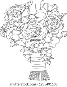 Stylized cute bunch with roses. Black lines, contour style. Illustration can be used for coloring books.