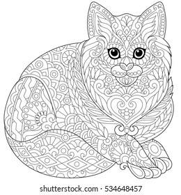 Stylized cute cat (young kitten). Freehand sketch for adult anti stress coloring book page with doodle and zentangle elements.