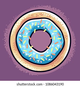 Stylized cute delicious donut with blue glaze. Cartoon style. Vector, isolated on purple background.