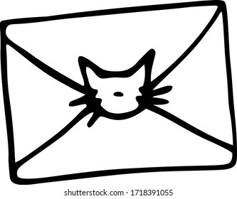 Stylized cute doodle envelope with a cat. Funny mail letter symbol. Hand drawn vector illustration for greeting cards, stickers, infographics. Black outlines isolated on a white background.