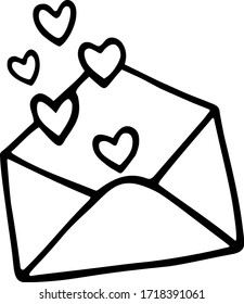 Stylized cute doodle open envelope with hearts. Love mail letter symbol. Hand drawn vector illustration for Valentine's Day cards, stickers. Black outlines isolated on a white background.