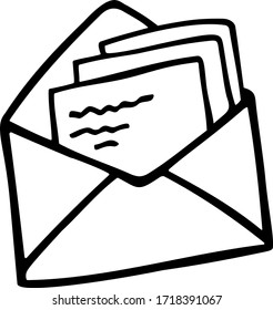 Stylized cute doodle open envelope with papers. Hand drawn vector illustration for greeting cards, posters, stickers and professional design. Isolated on a white background.