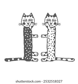 Stylized cute folk hand-drawn cats. Vector illustration