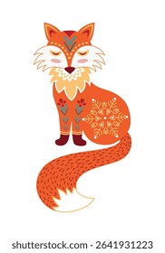 Stylized cute fox with Scandinavian patterns. Perfect for Christmas textiles, teen decor and winter wrapping paper. Folk style print.