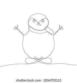 Stylized cute snowman. Continuous One Line Drawing. Outline style. Vector illustration for decor, greeting cards, posters, prints for clothes, emblems.
