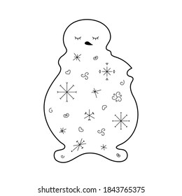 Stylized cute snowman. Outline style. Vector illustration for décor, greeting cards, posters, prints for clothes, emblems.
