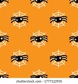 Stylized cute spiders in a web isolated on an orange background. Vector seamless pattern. Halloween backdrop. Flat design for textile, wrapping paper, wallpaper.