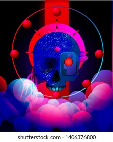 Stylized cyberpunk skull without mandible with tubes and holy face implants in neon light