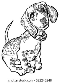 Stylized dachshund puppy - vector illustration for  coloring book with doodle and zentangle elements