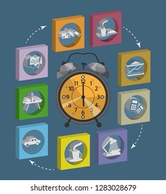 Stylized daily routine of office worker. Alarm clock surrounded by icons. Vector illustration
