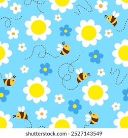 Stylized daisies and sunflowers, y2k. Vector hand drawn flowers seamless patten on blue background