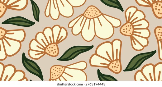 Stylized daisy flowers with an orange outline and white petals with green leaves for modern decor. Seamless retro pattern with large daisies on pink background. Bold 70s floral design ideal for textile, wallpaper, packaging, and social media.
