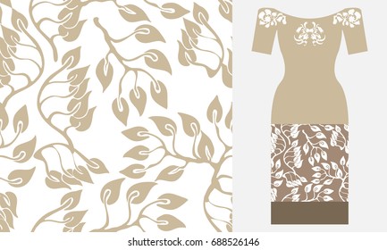 Stylized Damask ornament with flourish motifs. Party dress design. Seamless vector pattern with leaves. Summer textile collection. White and beige.