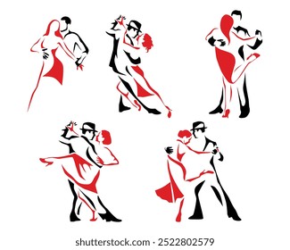 Stylized Dancers Red and Black Vector Illustrations of Passionate Dance. Logo