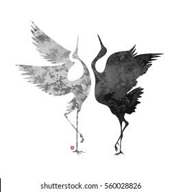 stylized dancing cranes in a Japanese style with a hieroglyph.
