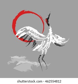 stylized dancing Japanese shadoof on the background the red sun and mountains