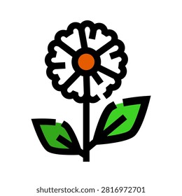 Stylized dandelion flower icon featuring a black outline, white petals, an orange center, and green leaves, symbolizing botany, growth, and natural elements