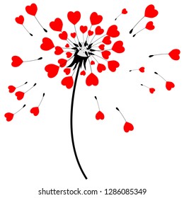 stylized dandelion with red hearts, isolate on a white background