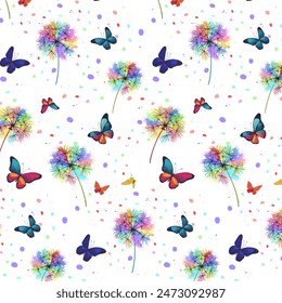 Stylized dandelions and butterflies.Vector seamless pattern with stylized dandelions and butterflies on a transparent background.