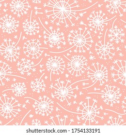 Stylized dandelions seamless pattern with white lines on pastel pink background. Minimal flat vector illustration in doodle style for fabric and fashion design.