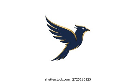 Un pájaro azul oscuro estilizado es capturado a mitad de vuelo, mostrando su forma elegante y alas extendidas contra un fondo limpio.