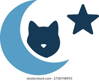 Una cara de gato azul oscuro estilizado en una luna creciente azul claro con una estrella sobre un fondo blanco puro en un diseño simple