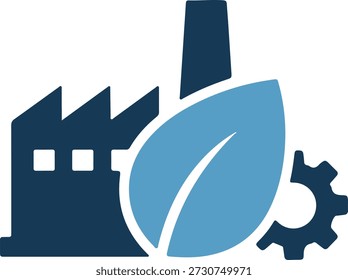 Uma fábrica estilizada de azul escuro com uma folha azul clara e engrenagens em um fundo branco puro, simbolizando práticas industriais ecológicas.